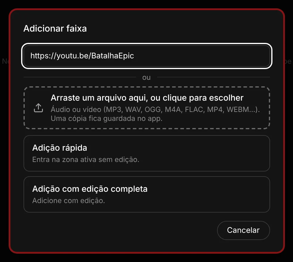 Pop-up Adicionar faixa do DJ-DM com o link colado e as opções de adição rápida e completa